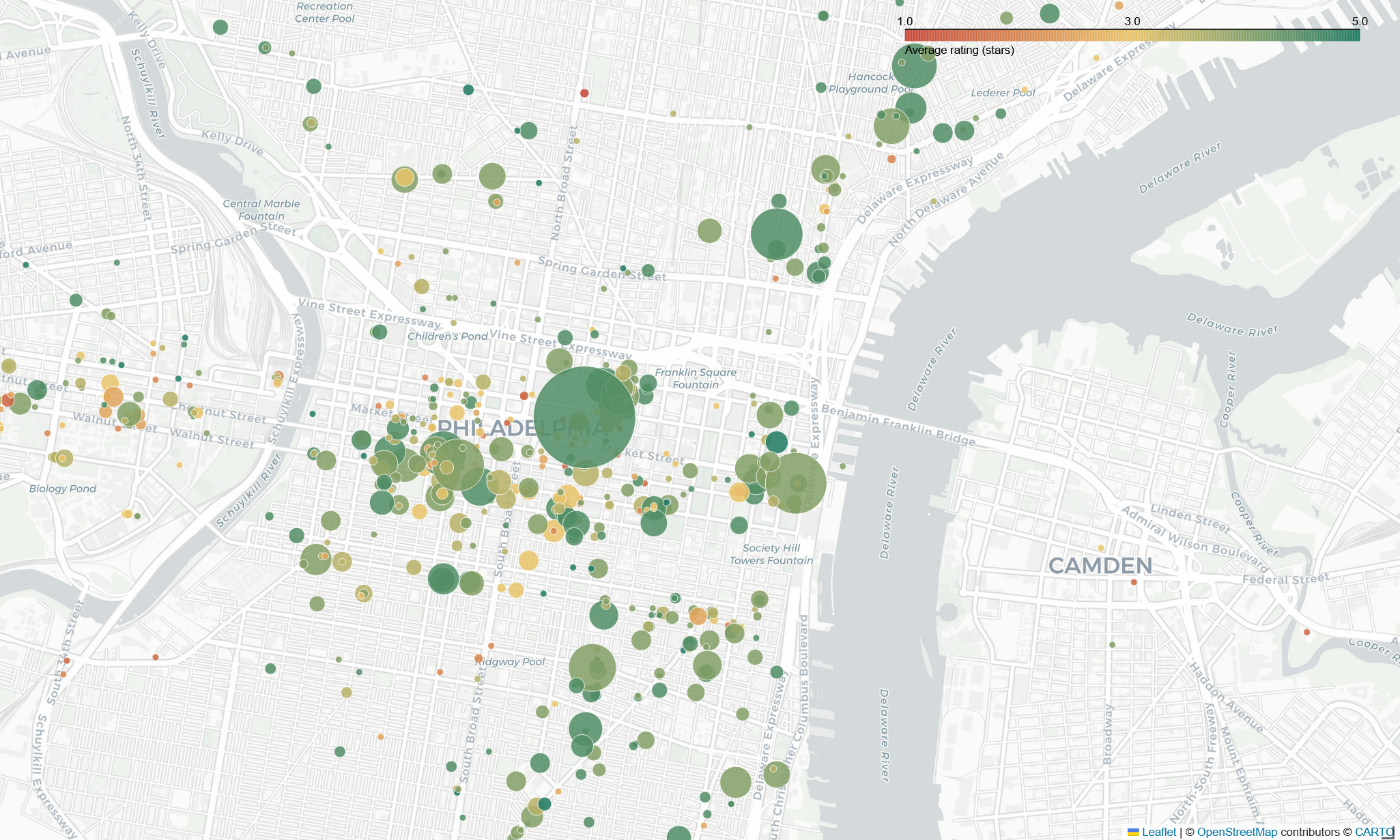 Street-level map of the Philadelphia metro area. Each coffee shop is a point colored from red (low rating) to green (high rating) and sized by review count, densest in Center City and South Philadelphia.
